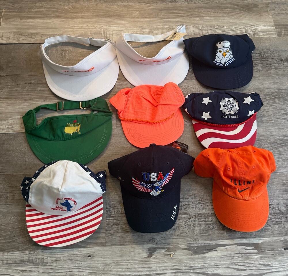 Lot of 9 Vintage 90s Hats Caps Visors Masters Golf Nike USA Patriotic NOS